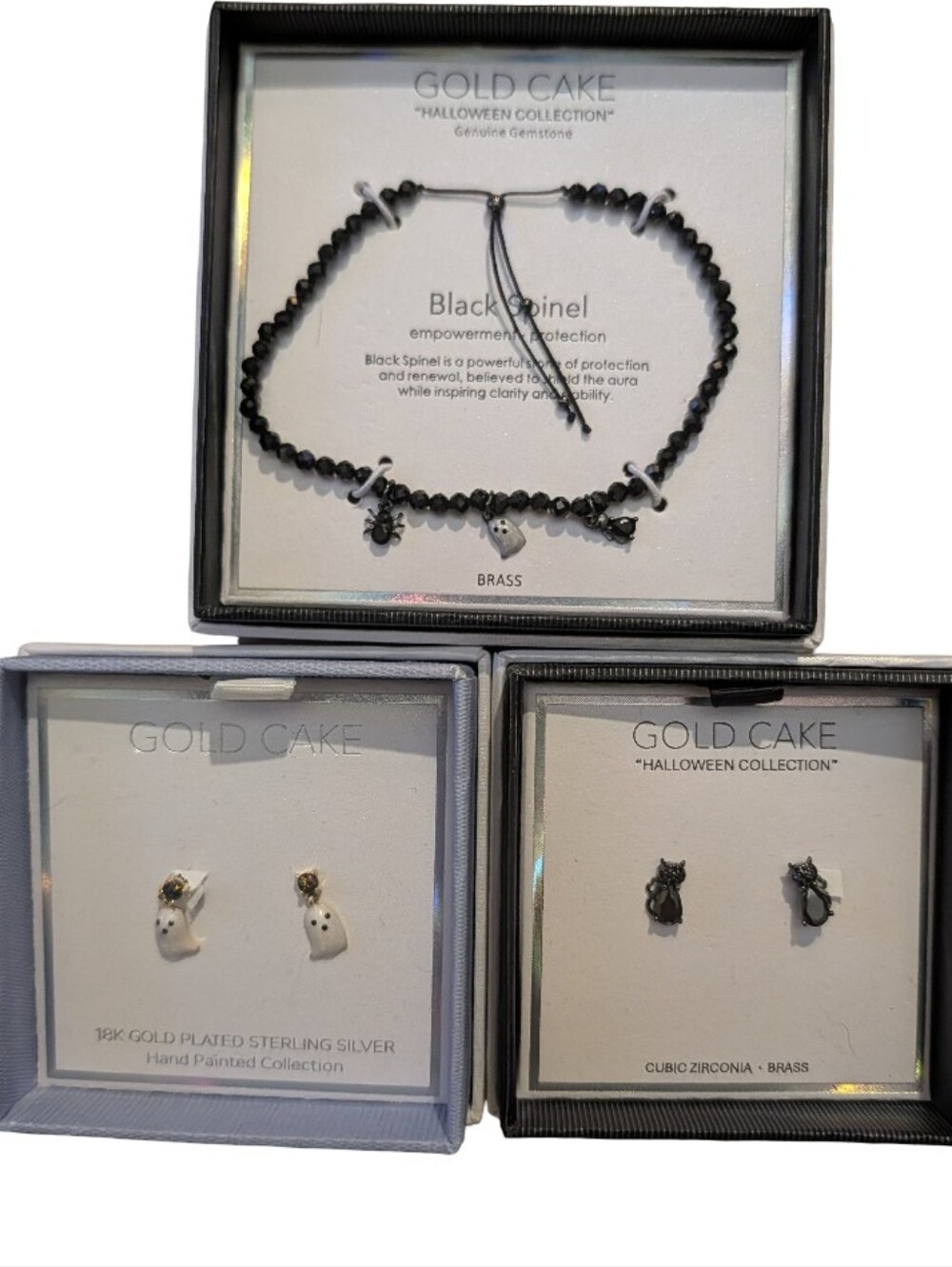 Gold Cake Black Spinel Bracelet & Matching Earrings 3 Boxed Sets for Halloween